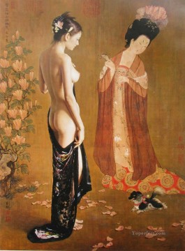 ヌード Painting - 花を着た女性の中国人少女のヌード